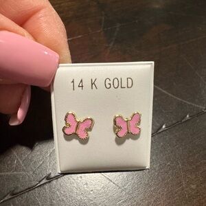 Pink Butterfly 14K Gold Earrings for Kids